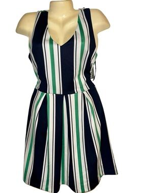 BCX Navy, Green & White Striped V-Neck Fit & Flare Mini Dress